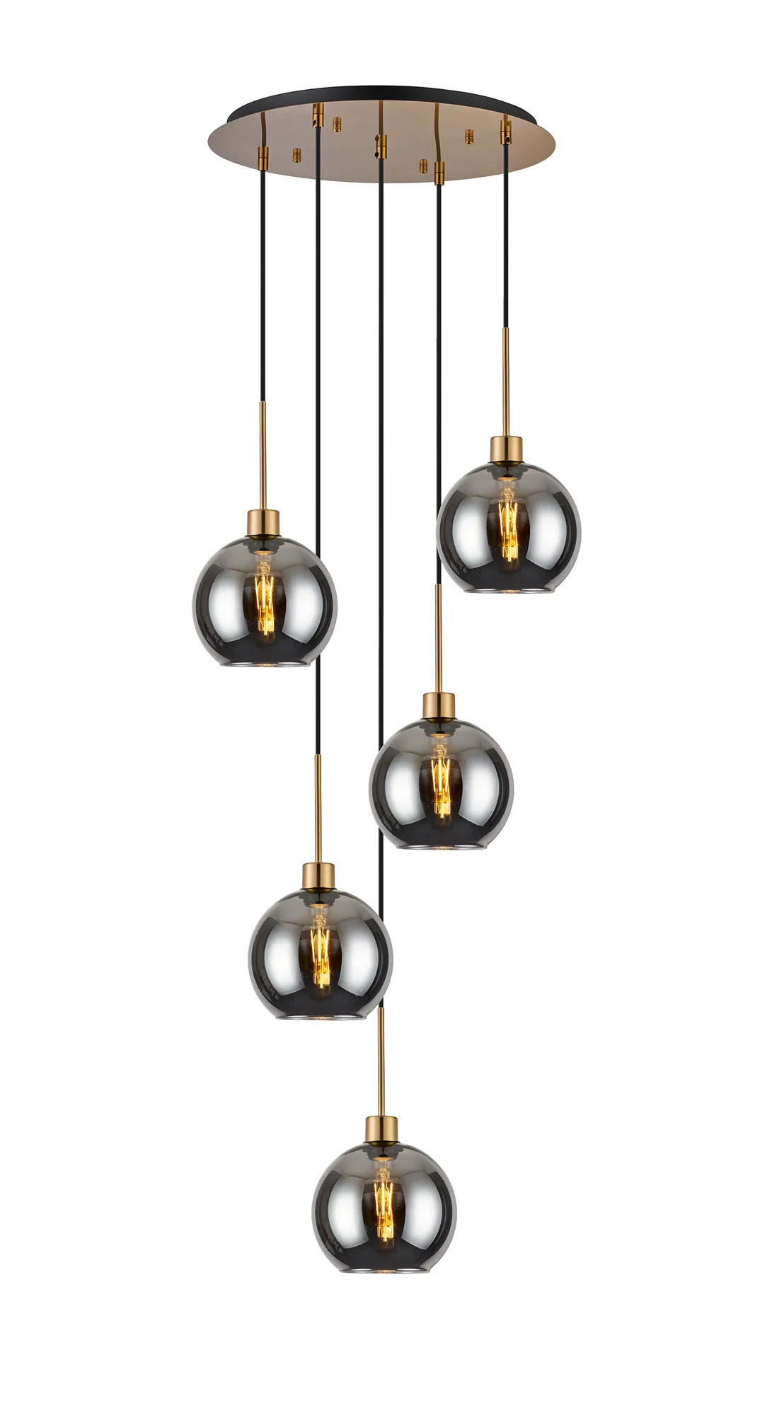 DK1195  Lori cm Round Pendant, 5 Light Adjustable E27, Antique Gold/Smoke Open Mouth Round Globe Shades